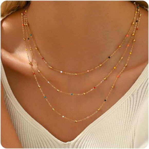 Jewelry - Gold Chain Necklace for Women Dainty 18K Gold Plated Thin Satellite Beaded Turqu